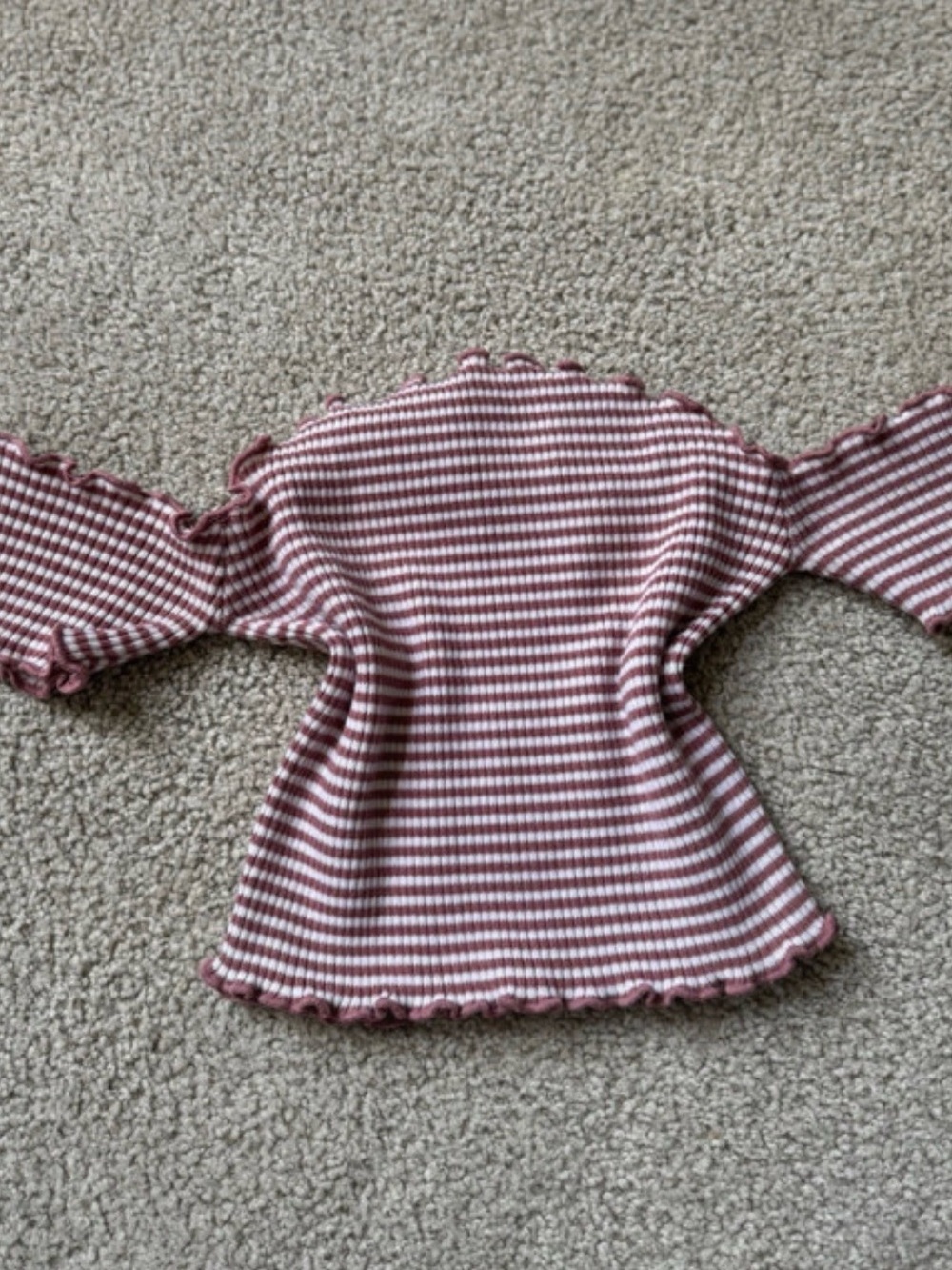 OOTDFash Mauve and White Striped Off-Shoulder Lettuce-Edge Crop Top y2k